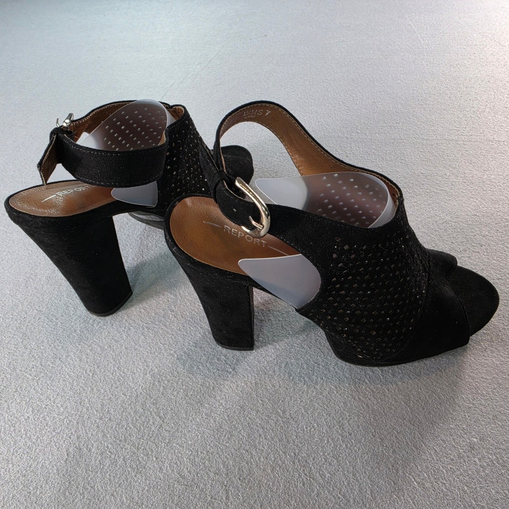 Report Black Perforated Rhinestone Block Heel Slingback Peep Toe Sandals 7
